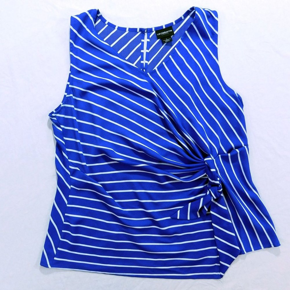 Liz Claiborne Sleeveless Top Medium Blue White Ibiza Waves V Neck Career Knot